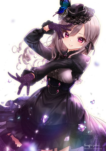 Anime picture 850x1215 with idolmaster idolmaster cinderella girls kanzaki ranko tsukigami luna single long hair tall image looking at viewer blush fringe light erotic hair between eyes standing white background signed long sleeves pink eyes arm up light smile grey hair