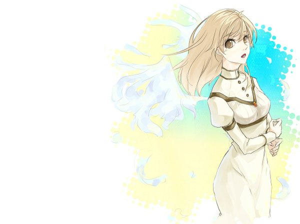 Anime picture 1230x920 with devil may cry kyrie single long hair looking at viewer open mouth simple background blonde hair brown hair standing white background brown eyes angel wings girl wings feather (feathers)