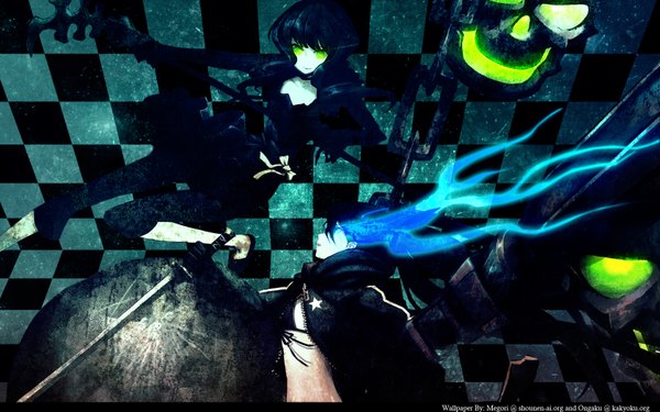 Anime picture 1680x1050 with black rock shooter black rock shooter (character) dead master wide image multiple girls girl 2 girls sword scythe