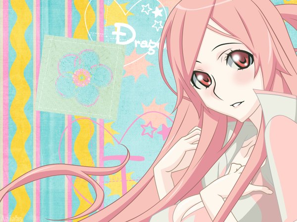 Anime picture 1600x1200 with dragonaut: the resonance gonzo toa single long hair looking at viewer smile pink hair upper body pink eyes arm up copyright name hand on chest girl heart star (symbol)