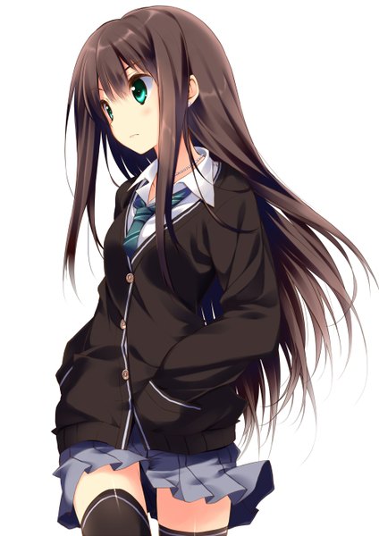 Anime picture 1000x1414 with idolmaster idolmaster cinderella girls original shibuya rin kuwashima rein single long hair tall image simple background brown hair white background green eyes looking away hands in pockets thighhighs uniform black thighhighs school uniform necktie jacket