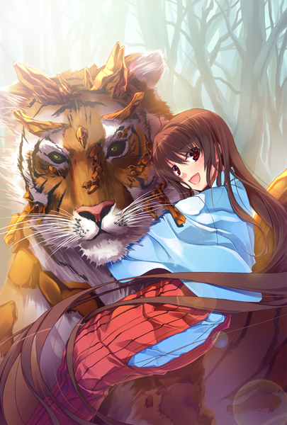 Anime picture 1081x1600 with original matsukawa (pale scarlet) single long hair tall image open mouth smile brown hair brown eyes very long hair :d japanese clothes hug miko bare tree girl plant (plants) animal tree (trees) tiger