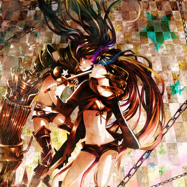 Anime picture 1000x1000 with black rock shooter black rock shooter (character) insane black rock shooter tsukudato long hair blue eyes brown hair multiple girls very long hair pink eyes midriff glowing scar shoujo ai glowing eye (eyes) face to face battle checkered background girl weapon