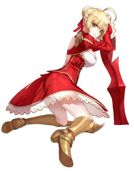 Anime picture 797x1015 with fate (series) fate/extra type-moon nero claudius (fate) (all) nero claudius (fate) kfr single long hair tall image looking at viewer blush fringe breasts light erotic simple background blonde hair smile large breasts standing white background