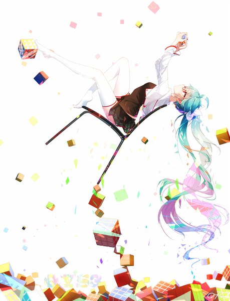 Anime picture 1000x1305 with vocaloid hatsune miku qys3 single tall image light erotic red eyes white background sitting full body ahoge very long hair profile pleated skirt aqua hair open jacket no shoes looking up bespectacled girl