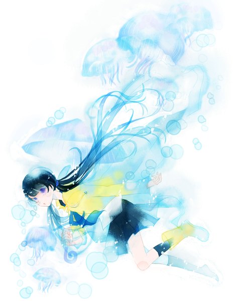 Anime picture 1433x1812 with original yoshida yoshitsugi single long hair tall image black hair twintails purple eyes very long hair girl skirt bow boots umbrella bubble (bubbles) jellyfish rubber boots raincoat