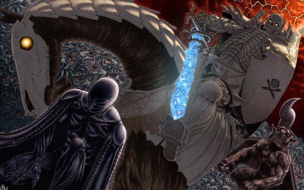 Anime picture 1680x1050 with berserk griffith zodd wide image glowing glowing eye (eyes) demon skeleton weapon sword armor mask shield horse