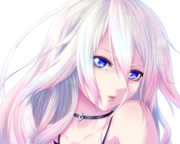 Anime picture 1280x1024 with vocaloid ia (vocaloid) my (artist) single long hair fringe open mouth blonde hair simple background white background braid (braids) lips close-up face multicolored eyes girl pendant