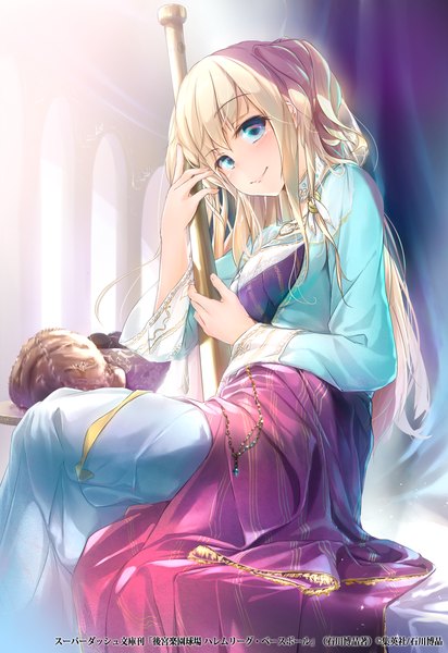 Anime picture 900x1309 with original wingheart single long hair tall image blush blue eyes blonde hair smile sitting girl dress jewelry baseball bat