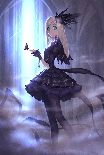 Anime picture 1200x1790 with idolmaster idolmaster cinderella girls layla (idolmaster) noname (metaldragonfly) single long hair tall image looking at viewer blonde hair green eyes arm up light smoke walking insect wings butterfly wings girl dress hair ornament pantyhose