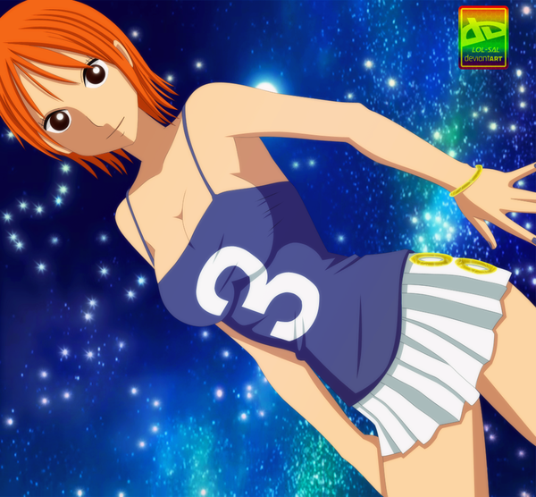 Anime picture 1050x974 with one piece toei animation nami (one piece) sal-88 single short hair brown eyes nail polish light smile orange hair night sky coloring girl miniskirt star (stars)