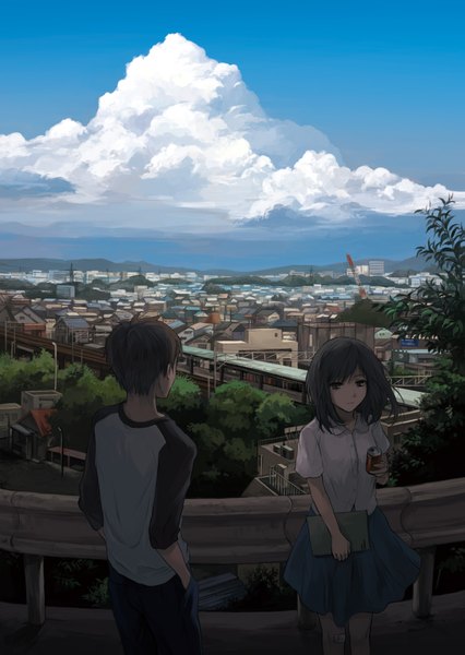 Anime picture 1447x2039 with original hanno long hair tall image looking at viewer short hair brown hair sky cloud (clouds) city cityscape scenic hands in pockets girl boy skirt shirt pants t-shirt can