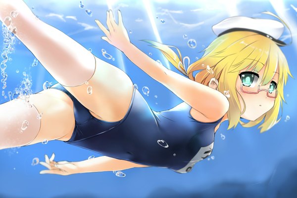 Anime picture 1800x1200 with kantai collection i-8 submarine toichi single blush highres short hair blue eyes light erotic blonde hair underwater girl thighhighs swimsuit white thighhighs glasses one-piece swimsuit bubble (bubbles) peaked cap school swimsuit