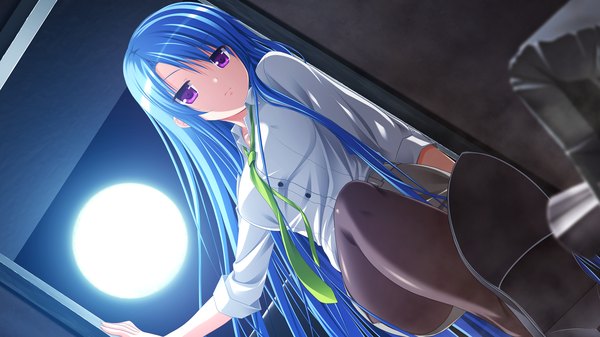Anime picture 2560x1440 with gensou no idea makita maki single long hair looking at viewer highres wide image purple eyes blue hair game cg dutch angle girl shirt necktie shoes moon