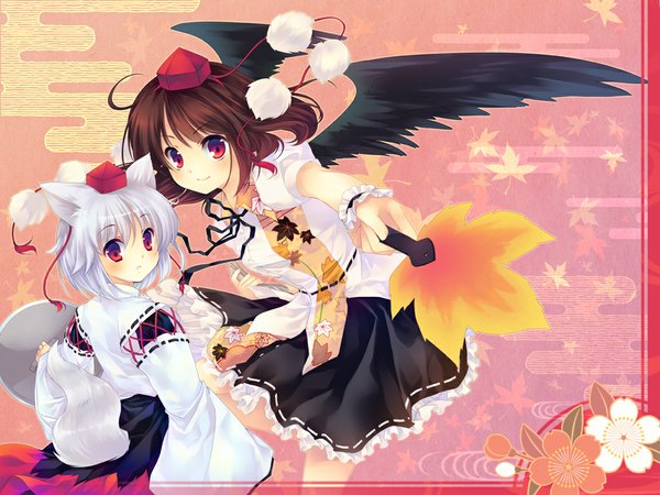 Anime picture 1024x768 with touhou shameimaru aya inubashiri momiji shinia multiple girls cat girl egasumi girl 2 girls wings fan hauchiwa