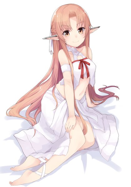 Anime picture 1400x2000 with sword art online a-1 pictures yuuki asuna titania (alo) kou mashiro single long hair tall image looking at viewer smile brown hair white background bare shoulders brown eyes pointy ears elf girl dress