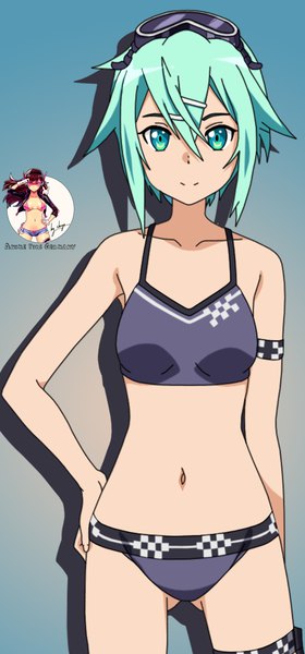 Anime picture 701x1500 with sword art online a-1 pictures asada shino shugo19 tall image looking at viewer fringe short hair light erotic simple background smile hair between eyes signed aqua eyes aqua hair hand on hip gradient background girl swimsuit bikini