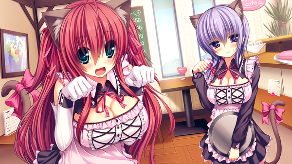 Anime picture 2560x1440 with namaiki delation natsushima misaki nishimura shiori paseri takahashi tetsuya long hair looking at viewer highres short hair breasts open mouth blue eyes light erotic smile wide image large breasts purple eyes multiple girls animal ears game cg