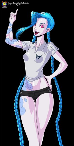 Anime picture 608x1200 with league of legends jinx (league of legends) kyoffie12 single tall image fringe breasts open mouth light erotic simple background smile blue hair braid (braids) very long hair pink eyes lips tattoo legs hand on hip lipstick