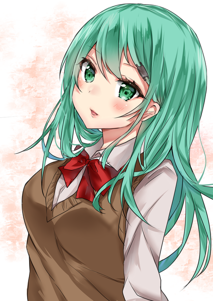 Anime picture 2149x3035 with kantai collection suzuya heavy cruiser nanakagura single tall image blush highres breasts open mouth simple background green eyes payot upper body head tilt green hair lips girl uniform hair ornament school uniform