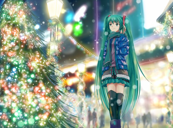 Anime picture 2300x1710 with vocaloid hatsune miku forfreedo (artist) single long hair highres twintails green eyes very long hair green hair christmas city lights girl thighhighs skirt miniskirt jacket scarf christmas tree