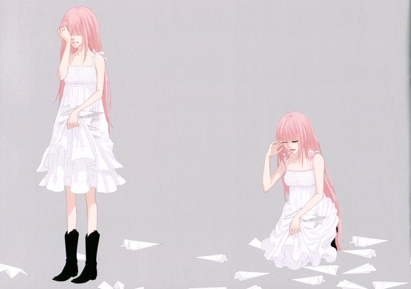 Anime picture 3437x2416 with vocaloid just be friends (vocaloid) megurine luka long hair highres simple background standing sitting bare shoulders pink hair absurdres crying girl dress white dress paper airplane