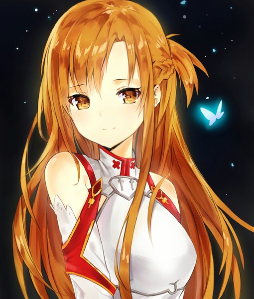 Anime picture 1000x1175 with sword art online a-1 pictures yuuki asuna tr (hareru) single long hair tall image looking at viewer blush simple background brown hair brown eyes upper body light smile black background half updo girl detached sleeves armor insect