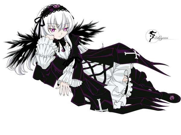 Anime picture 2551x1900 with rozen maiden suigintou solwyvern kasugai hiroyuki single long hair looking at viewer highres smile white hair pink eyes transparent background vector third-party edit lolita fashion chin rest goth-loli girl dress wings