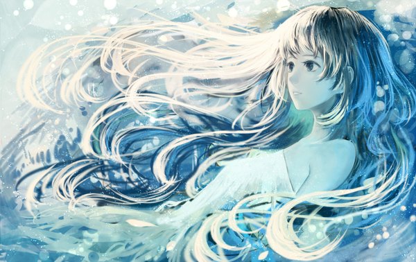 Anime picture 1520x960 with original bounin single long hair fringe brown hair bare shoulders looking away wind girl dress white dress