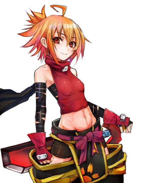 Anime picture 1024x1280 with original taishi (picchiridou) single tall image looking at viewer short hair light erotic simple background red eyes brown hair white background bare shoulders light smile midriff groin girl gloves navel weapon sword