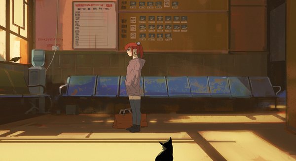 Anime picture 1400x762 with original snatti single long hair fringe wide image standing looking away ponytail red hair indoors profile sunlight zettai ryouiki hands in pockets girl earrings animal cat bag