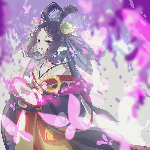 Anime picture 1500x1498 with onmyoji miemia single long hair looking at viewer blush open mouth black hair purple eyes traditional clothes japanese clothes pointy ears blurry wide sleeves teeth depth of field floating hair playing instrument girl hair ornament