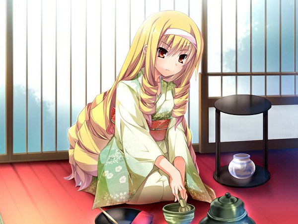 Anime picture 1024x768 with hana to otome ni shukufuku wo hana to otome ni shukufuku o royal bouquet long hair blonde hair red eyes game cg japanese clothes girl kimono