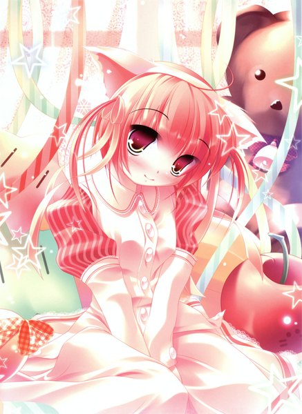 Anime picture 3037x4166 with inuneko single tall image blush highres smile red eyes animal ears pink hair absurdres cat ears loli girl ribbon (ribbons) bow toy stuffed animal fruit