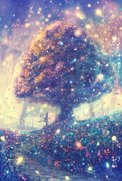 Anime picture 945x1400 with original bounin single long hair tall image standing full body ahoge wind sparkle fantasy nature colorful girl skirt plant (plants) tree (trees) boots thigh boots grass