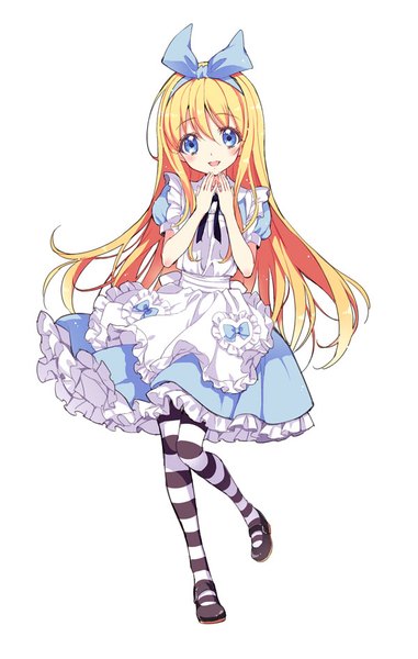 Anime picture 600x944 with alice in wonderland alice (wonderland) yukiwo single long hair tall image looking at viewer blush fringe open mouth blue eyes simple background blonde hair hair between eyes standing white background bent knee (knees) :d standing on one leg girl