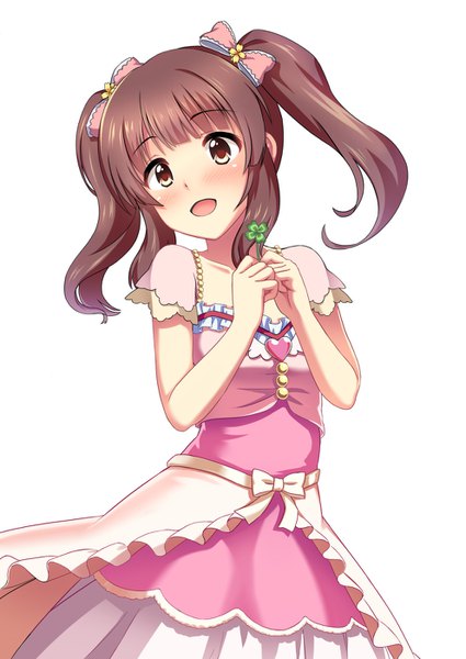 Anime picture 991x1400 with idolmaster idolmaster cinderella girls ogata chieri sakurano yukke single long hair tall image blush fringe open mouth simple background brown hair white background twintails brown eyes payot looking away blunt bangs :d girl