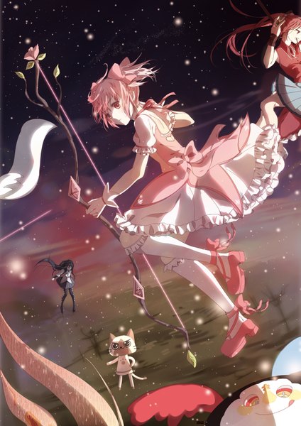 Anime picture 2477x3504 with mahou shoujo madoka magica shaft (studio) akemi homura kaname madoka sakura kyouko charlotte (madoka magica) yomeng long hair tall image highres short hair black hair twintails multiple girls holding looking away pink hair sky ponytail red hair