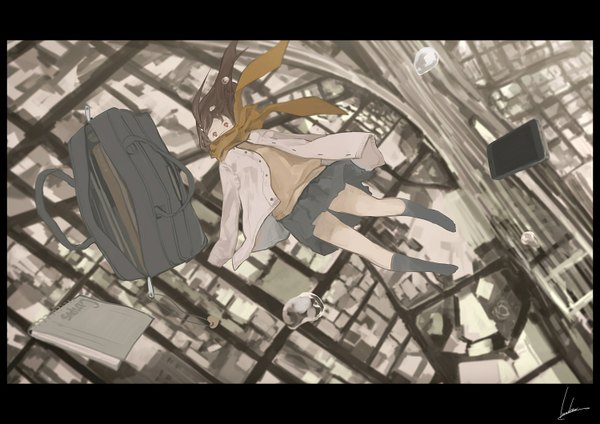 Anime picture 1500x1060 with original loundraw single long hair red eyes brown hair pleated skirt open clothes open jacket no shoes tears city looking up framed falling panorama girl skirt jacket scarf