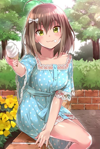 Anime picture 640x950 with original sonsoso single tall image looking at viewer blush fringe short hair breasts smile hair between eyes brown hair sitting holding green eyes ahoge outdoors fingernails wide sleeves girl