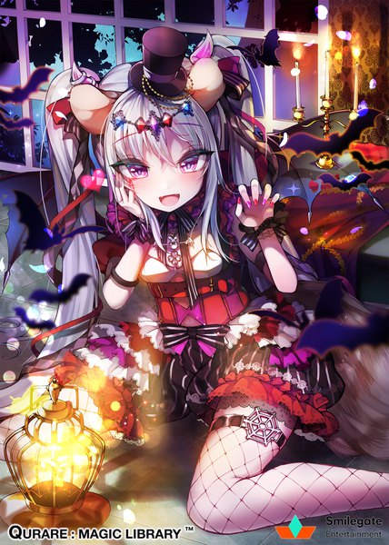 Anime picture 1500x2100 with qurare: magic library kanola u single tall image looking at viewer blush fringe open mouth smile hair between eyes sitting twintails animal ears payot silver hair ahoge bent knee (knees) indoors very long hair nail polish
