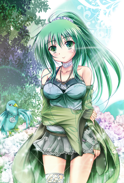 Anime picture 1500x2200 with yu-gi-oh! winda priestess of gusto gusto gulldo andrew (artist) single long hair tall image looking at viewer blush smile bare shoulders green eyes green hair girl dress flower (flowers) animal choker bird (birds) pendant