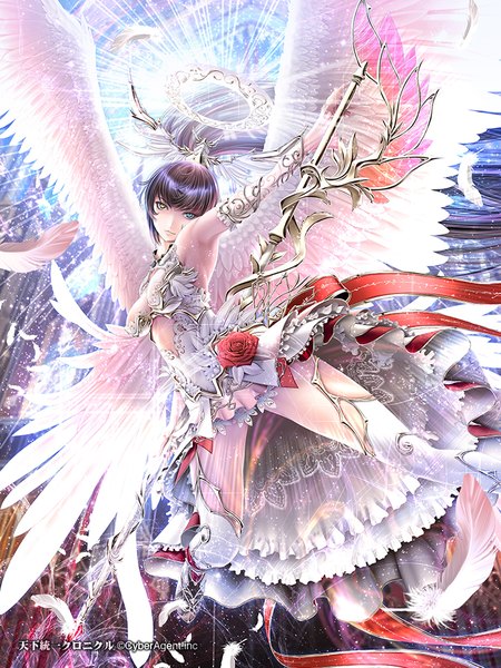 Anime picture 724x965 with original sumomo kpa single tall image looking at viewer black hair ponytail very long hair heterochromia girl thighhighs dress weapon white thighhighs wings feather (feathers) halo