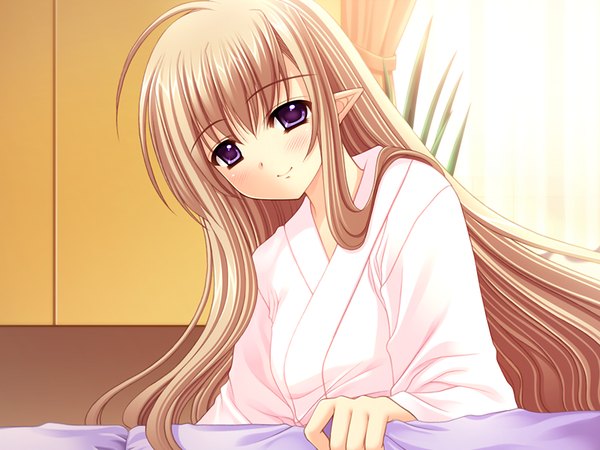Anime picture 1024x768 with shuffle! single long hair blush brown hair purple eyes game cg pointy ears girl
