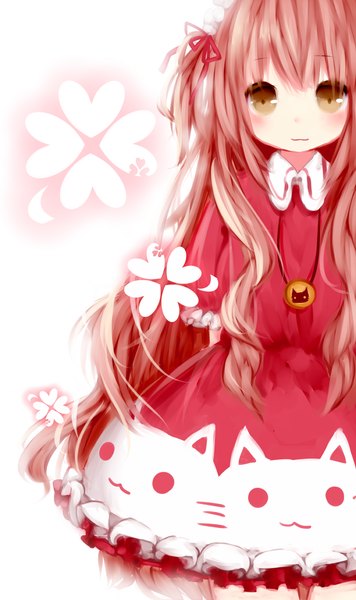 Anime picture 800x1346 with nachi single long hair tall image looking at viewer blush brown hair white background brown eyes braid (braids) hands behind back pale skin animal print girl dress flower (flowers) animal cat red dress lace
