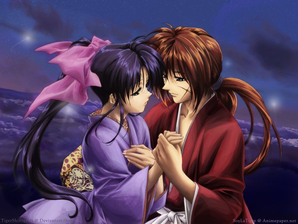 Anime picture 1600x1200 with rurouni kenshin himura kenshin kamiya kaoru signed sky japanese clothes scar