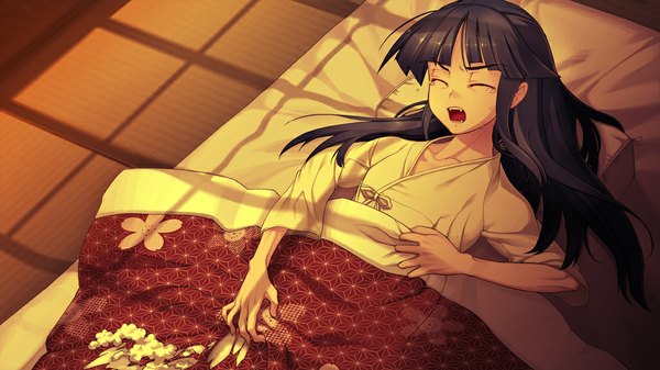 Anime picture 1024x576 with full metal daemon muramasa nitroplus minato hikaru single long hair open mouth wide image blue hair lying eyes closed japanese clothes night teeth fang (fangs) tears crying screaming girl