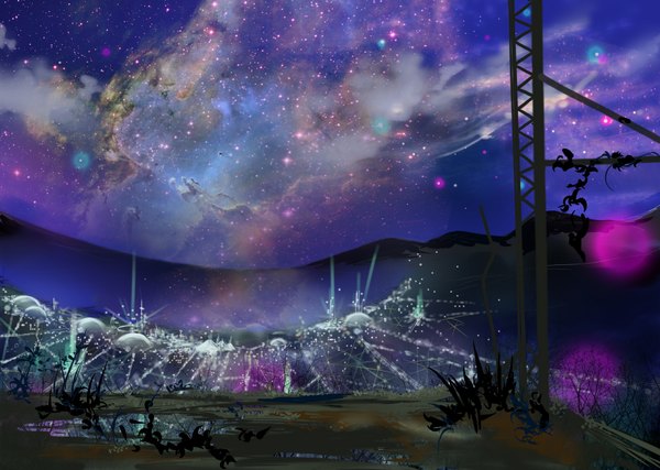 Anime picture 1902x1354 with original watoru (artist) highres sky night night sky landscape city lights space ruins milky way star (stars)