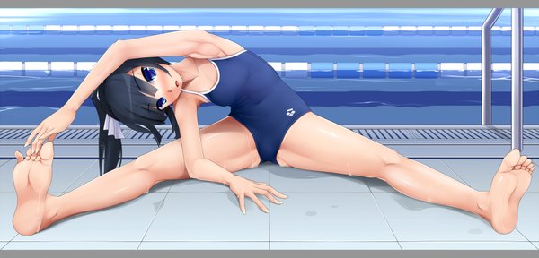 Anime picture 2000x960 with original eto single long hair blush highres blue eyes light erotic black hair wide image ponytail spread legs girl swimsuit toes pool