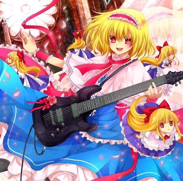 Anime picture 1750x1729 with touhou alice margatroid shanghai rakkyhappy highres short hair open mouth blonde hair red eyes girl dress bow hair bow petals hairband guitar doll (dolls)